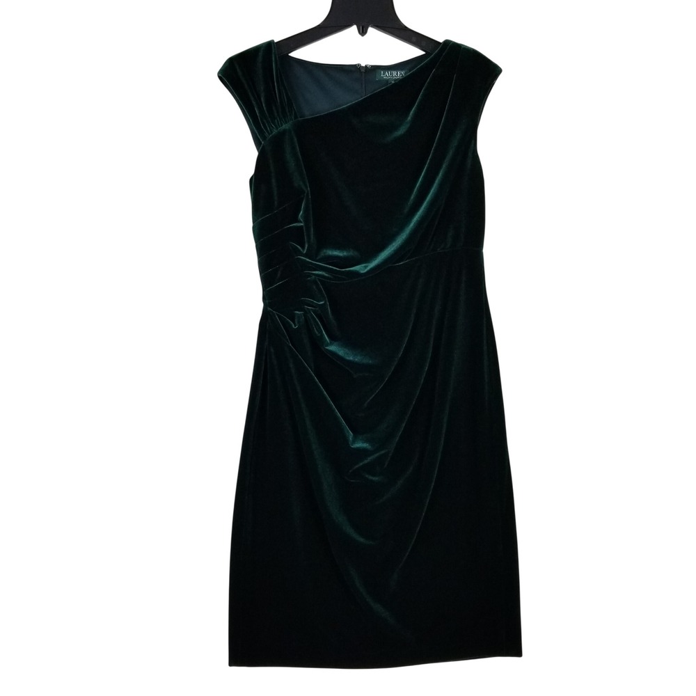 Lauren Ralph Lauren Velvet Dress Women 10 Green Ruched Asymmetrical Evening